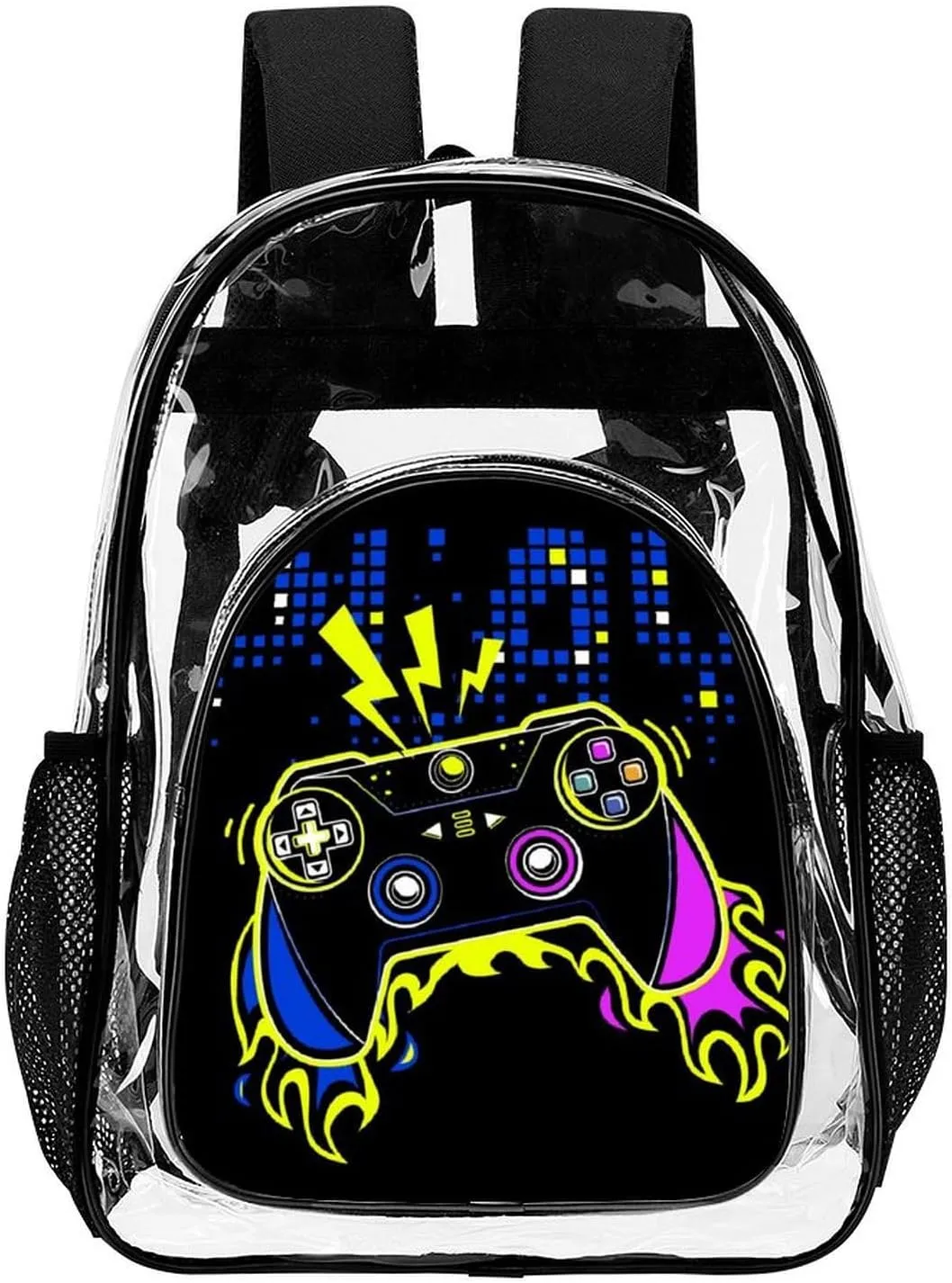 Clear Backpack Large Heavy Duty Video Joystick Fire Video Game PVC Transparent Backpack for Adults See Through Clear Bookbag for Sports, Work, Travel, College