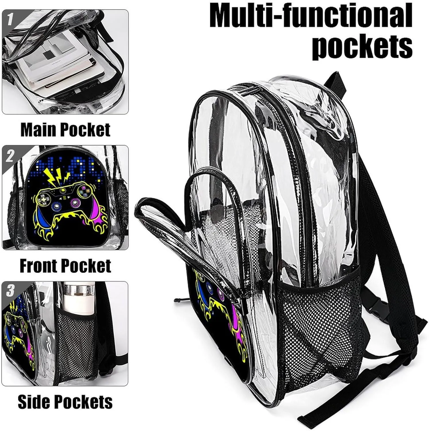Clear Backpack Large Heavy Duty Video Joystick Fire Video Game PVC Transparent Backpack for Adults See Through Clear Bookbag for Sports, Work, Travel, College