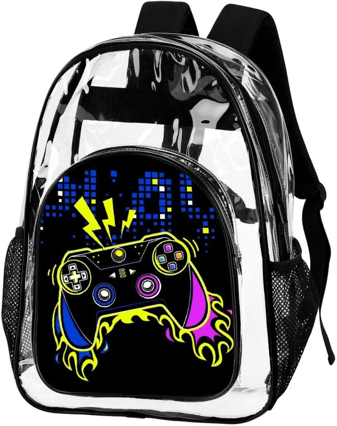 Clear Backpack Large Heavy Duty Video Joystick Fire Video Game PVC Transparent Backpack for Adults See Through Clear Bookbag for Sports, Work, Travel, College