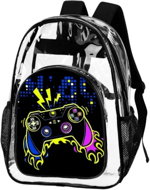 Clear Backpack Large Heavy Duty Video Joystick Fire Video Game PVC Transparent Backpack for Adults See Through Clear Bookbag for Sports, Work, Travel, College