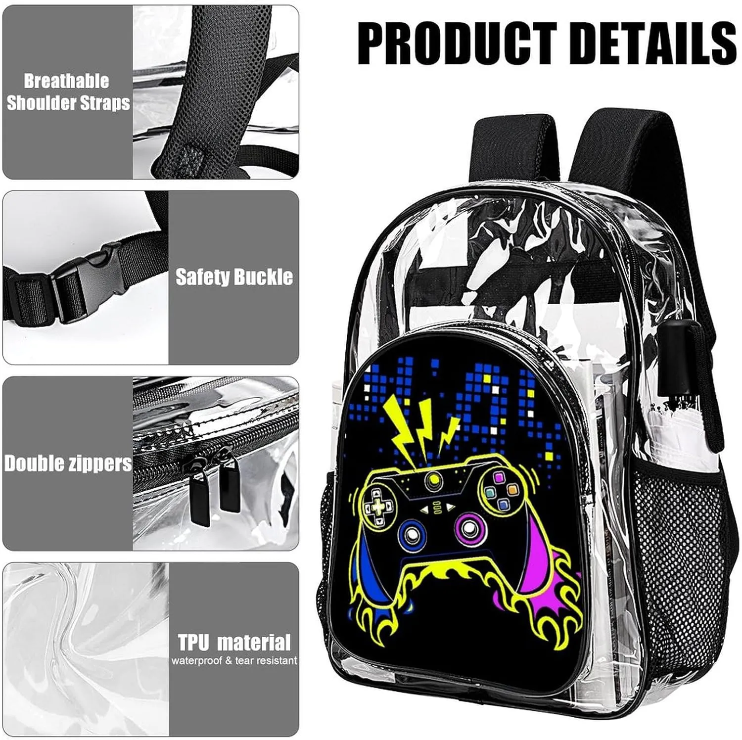 Clear Backpack Large Heavy Duty Video Joystick Fire Video Game PVC Transparent Backpack for Adults See Through Clear Bookbag for Sports, Work, Travel, College