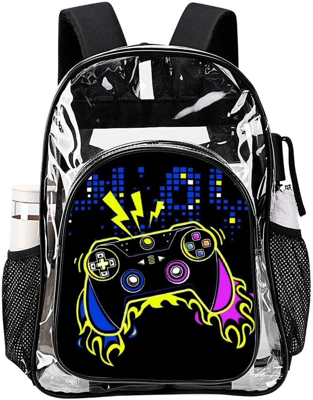 Clear Backpack Large Heavy Duty Video Joystick Fire Video Game PVC Transparent Backpack for Adults See Through Clear Bookbag for Sports, Work, Travel, College