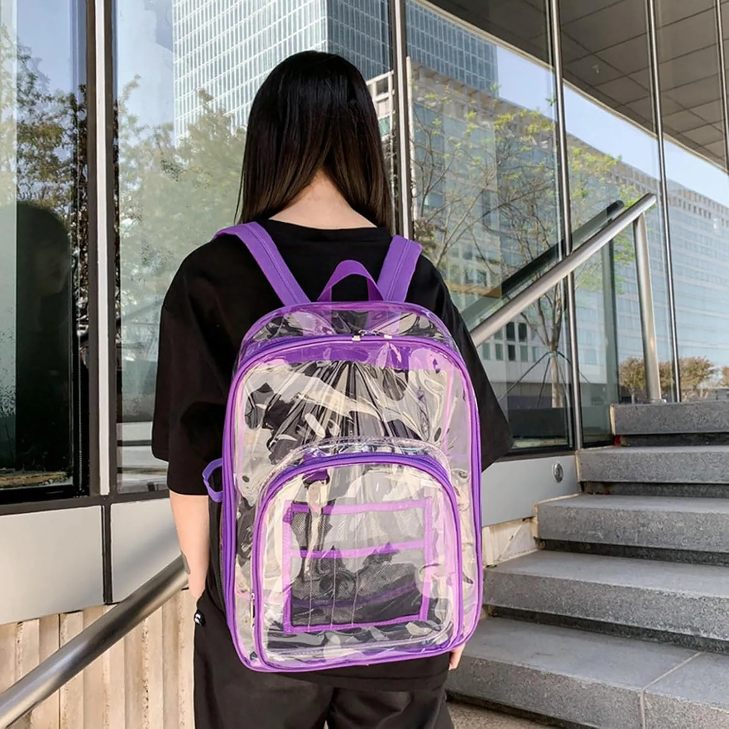 Clear Backpack PVC Shoulder Bag, Heavy Duty Transparent Rucksack See Through Bag for School Sports and Travel, Purple, L