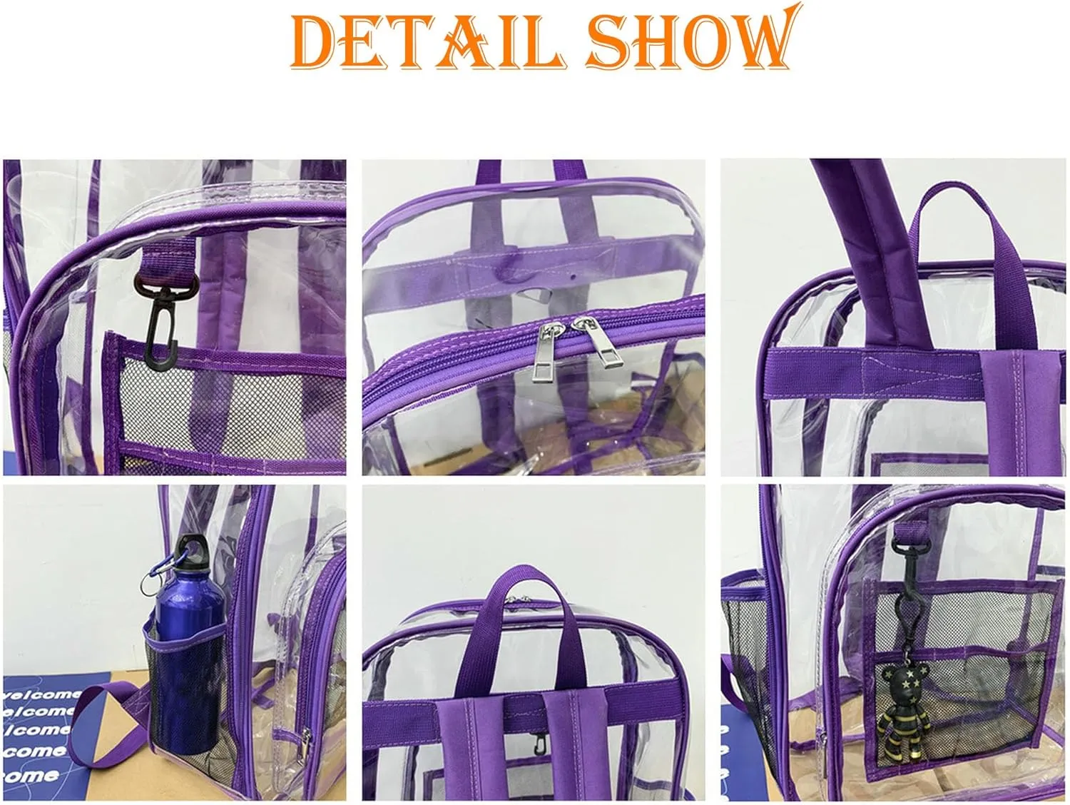 Clear Backpack PVC Shoulder Bag, Heavy Duty Transparent Rucksack See Through Bag for School Sports and Travel, Purple, L