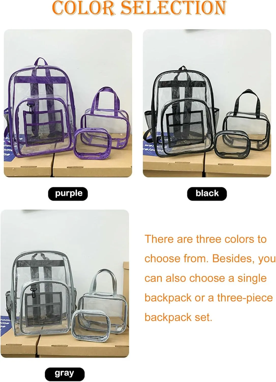 Clear Backpack PVC Shoulder Bag, Heavy Duty Transparent Rucksack See Through Bag for School Sports and Travel, Purple, L