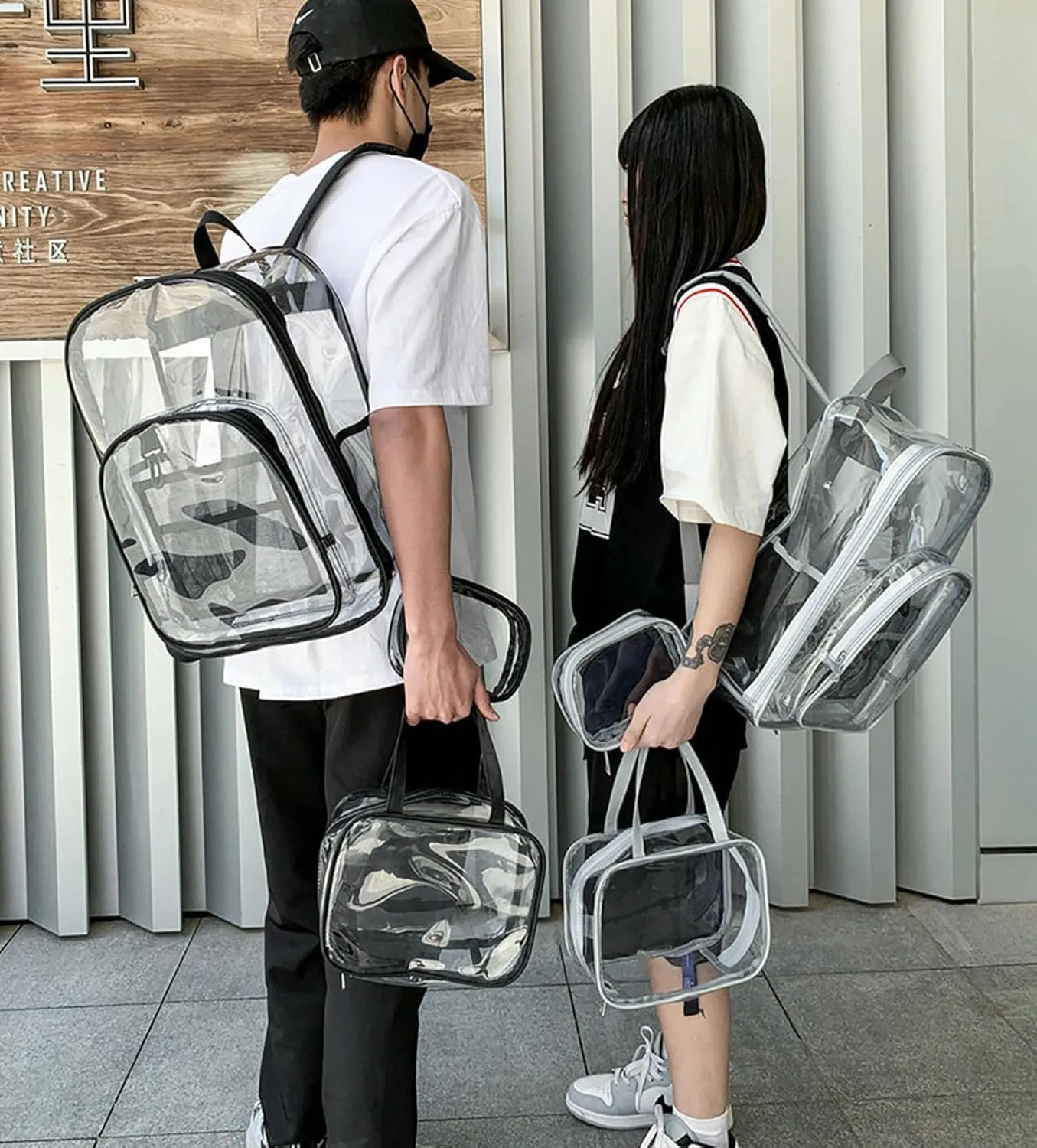 Clear Backpack PVC Shoulder Bag, Heavy Duty Transparent Rucksack See Through Bag for School Sports and Travel, Purple, L
