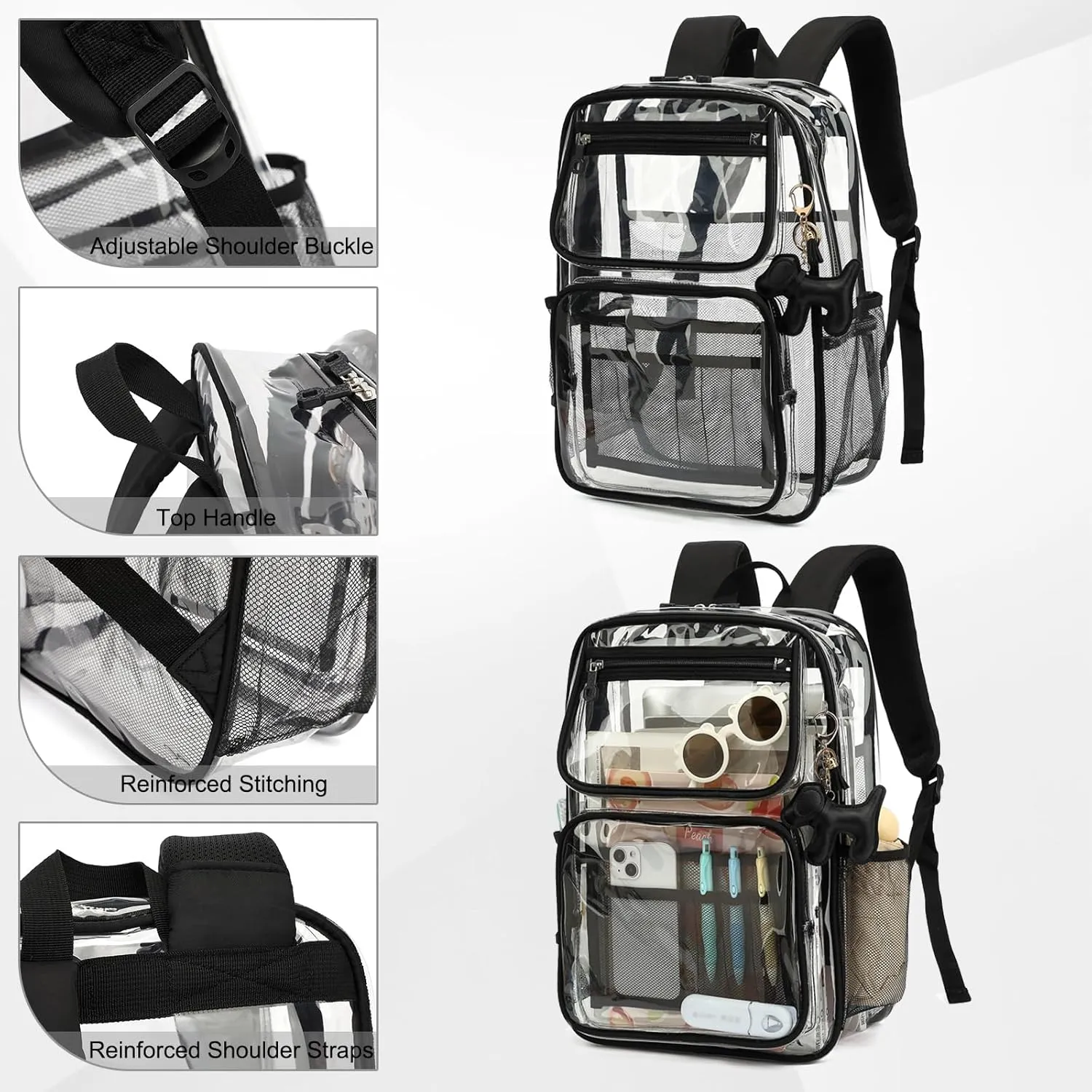 Clear Backpacks for School Girls, Heavy Duty TPU Transparent Bookbags Stadium Events Approved See Through Backpack (Black)