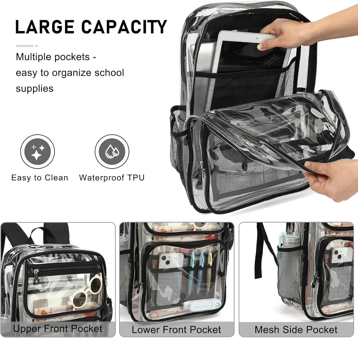 Clear Backpacks for School Girls, Heavy Duty TPU Transparent Bookbags Stadium Events Approved See Through Backpack (Black)