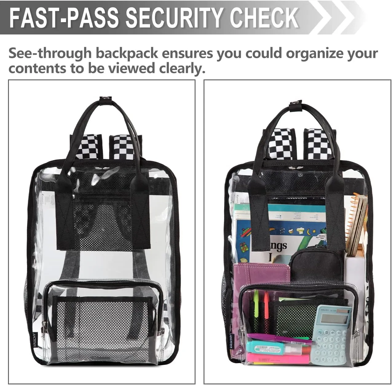 Clear backpack,VASCHY HeavyDuty Transparent See Through School Backpack BookBag