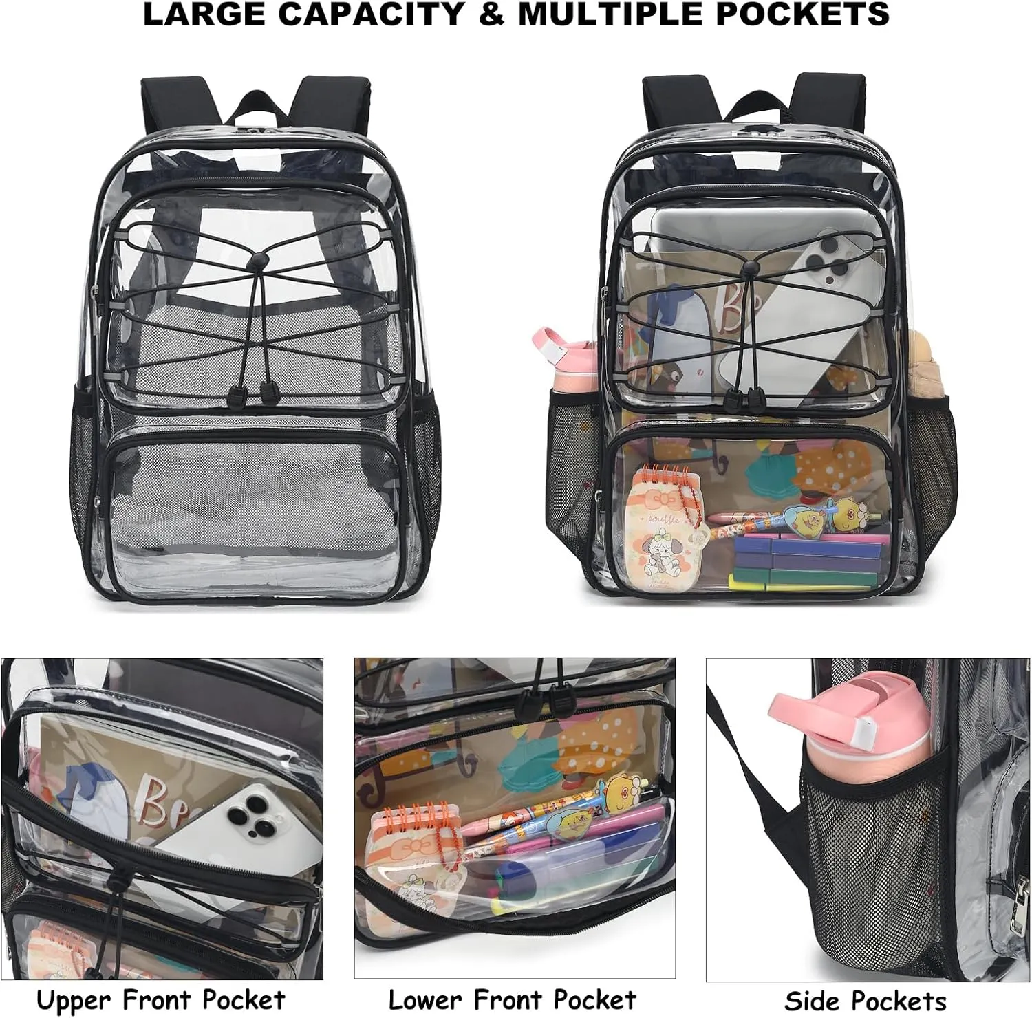 Clear School Backpack for Girls Women, Kids Teens Heavy Duty See Through College Bookbag Transparent School Bag (Black)