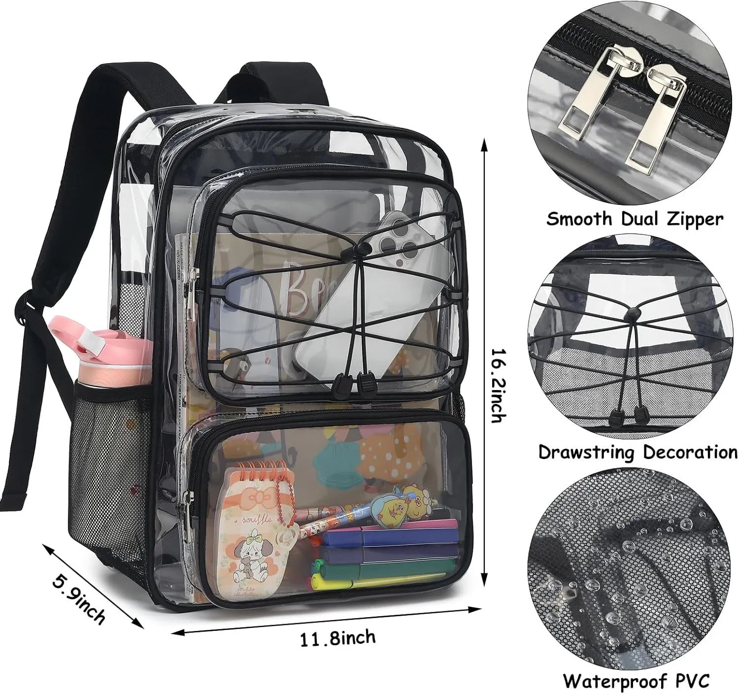 Clear School Backpack for Girls Women, Kids Teens Heavy Duty See Through College Bookbag Transparent School Bag (Black)