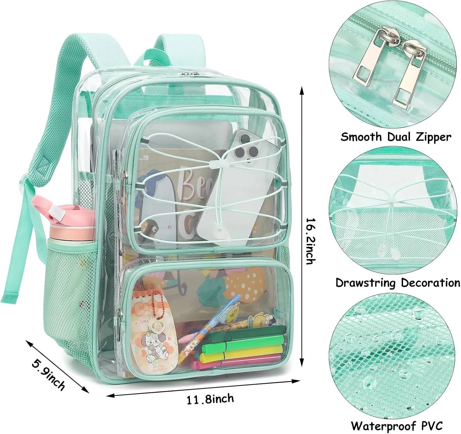 Clear School Backpack for Girls Women, Kids Teens Heavy Duty See Through College Bookbag Transparent School Bag (Mint Green)