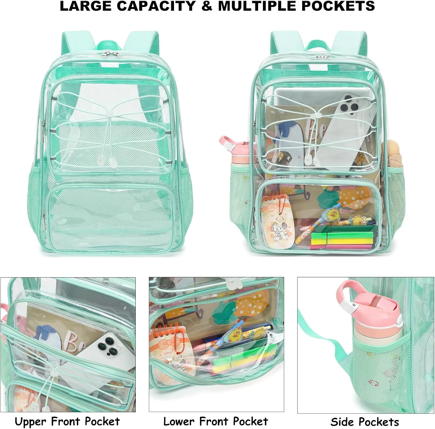 Clear School Backpack for Girls Women, Kids Teens Heavy Duty See Through College Bookbag Transparent School Bag (Mint Green)
