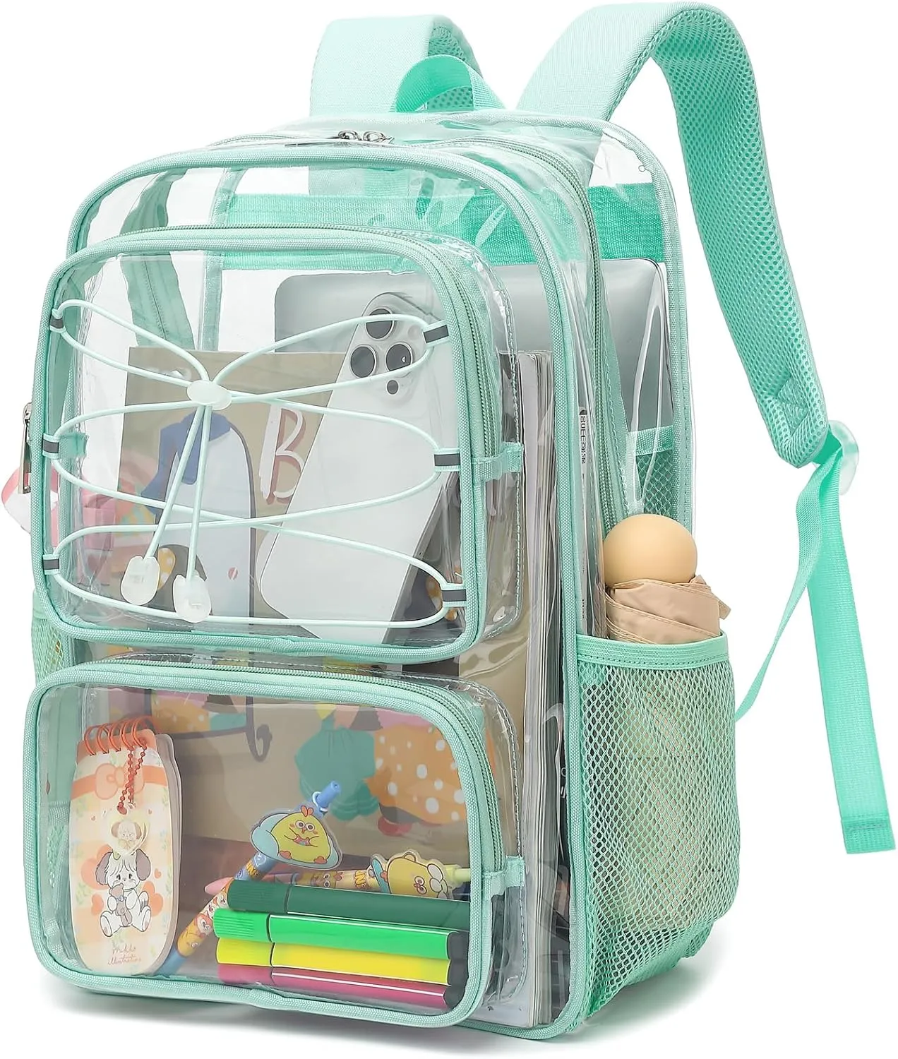 Clear School Backpack for Girls Women, Kids Teens Heavy Duty See Through College Bookbag Transparent School Bag (Mint Green)