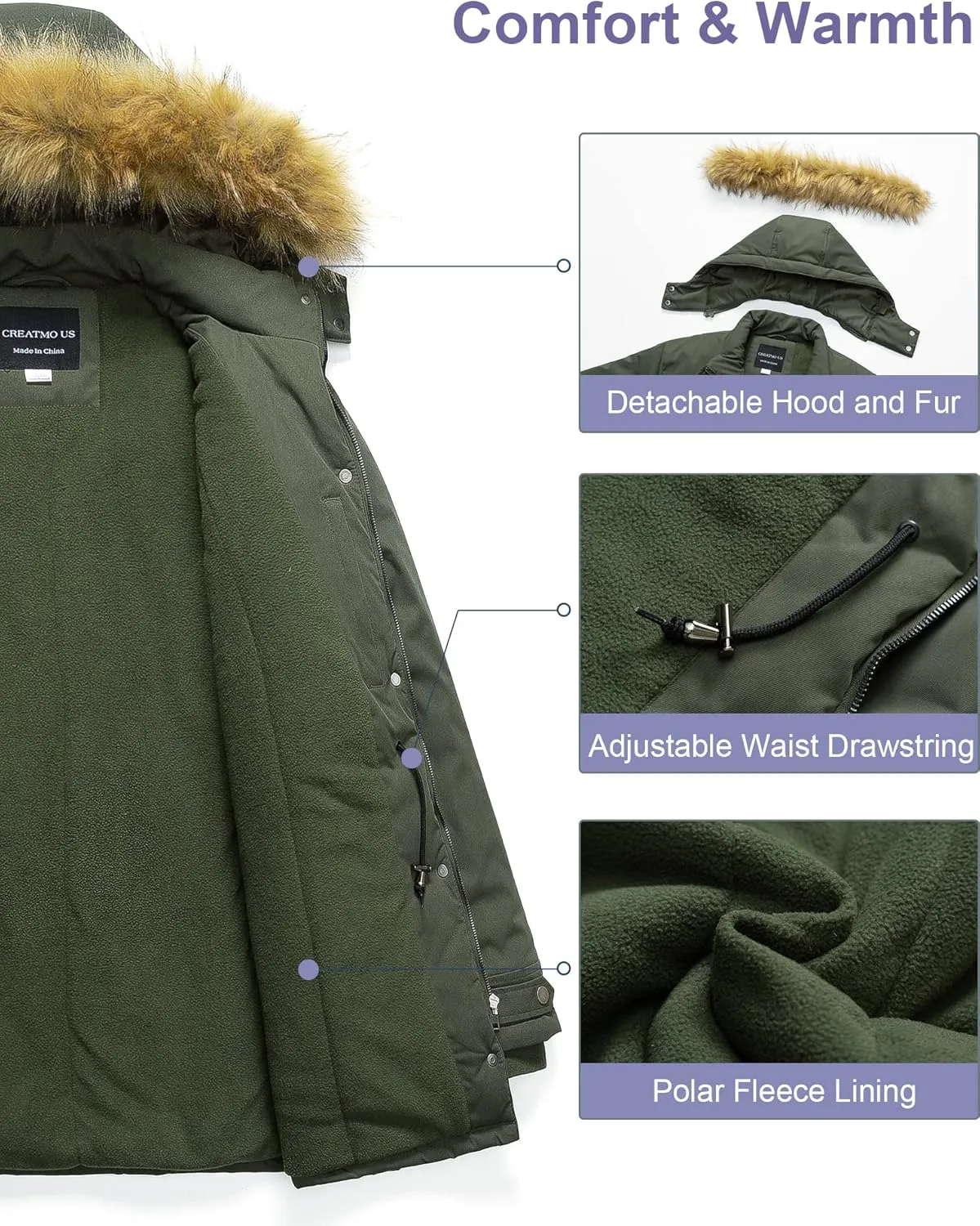 CREATMO US Women's Plus Size Winter Coat Waterproof Long Puffer Jacket Warm Military Thicken Parka with Fur Hood