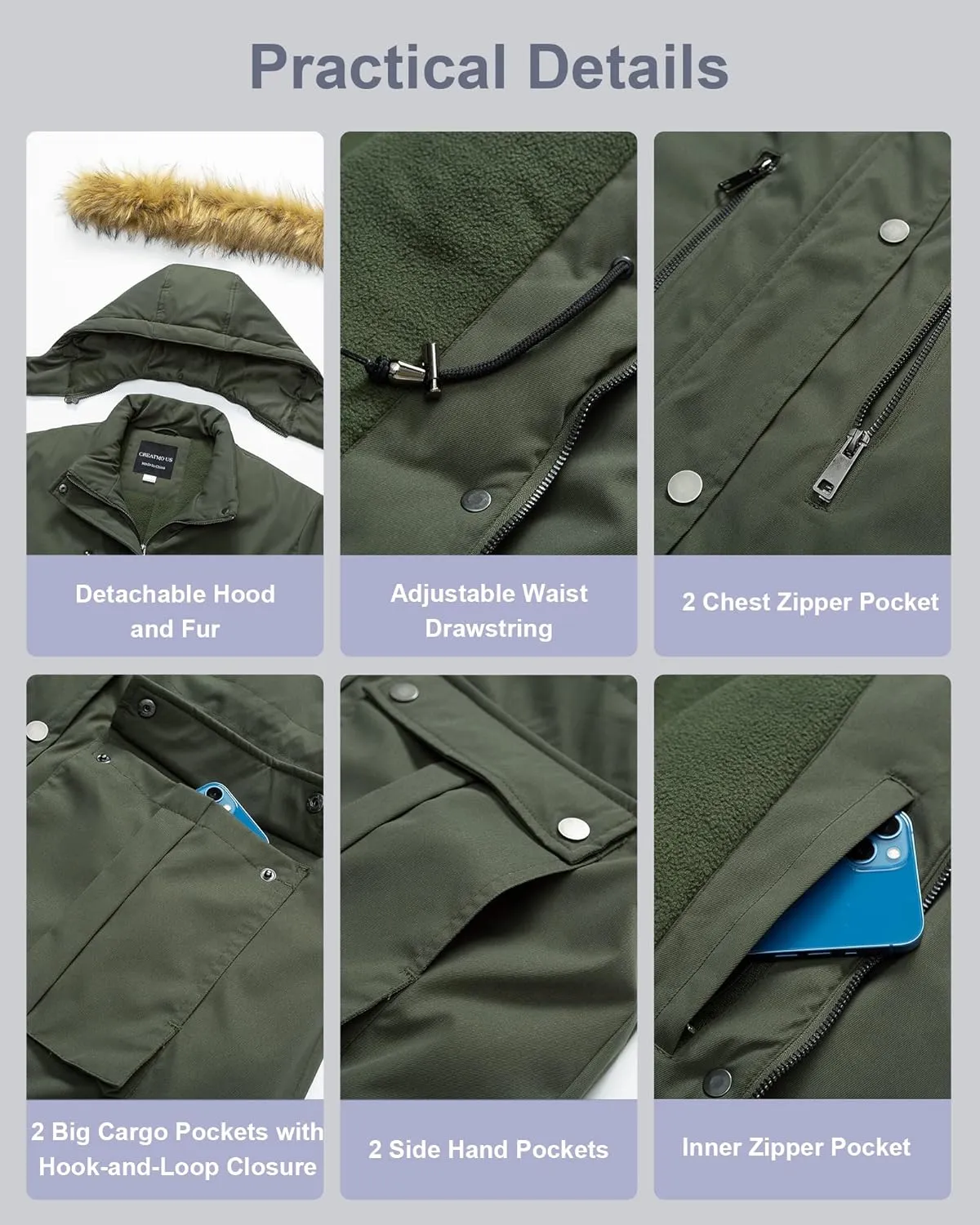 CREATMO US Women's Plus Size Winter Coat Waterproof Long Puffer Jacket Warm Military Thicken Parka with Fur Hood