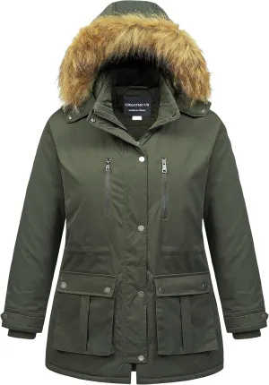 CREATMO US Women's Plus Size Winter Coat Waterproof Long Puffer Jacket Warm Military Thicken Parka with Fur Hood