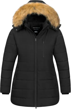 CREATMO US Women's Plus Size Winter Coats Long Puffer Jacket Fleece Lined Parka Removable Fur Hood Available in 1X To 5X