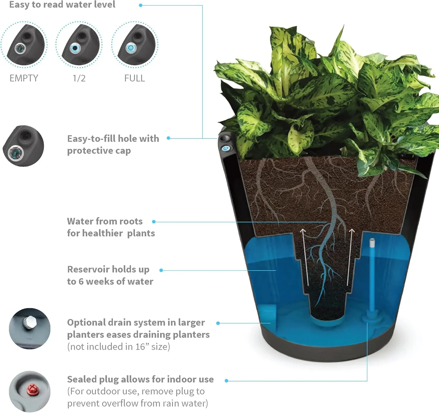 Crescent Garden Dot TruDrop Indoor/Outdoor Planter, Self-Watering Plant Pot, 20 Inches, (Caviar Black)