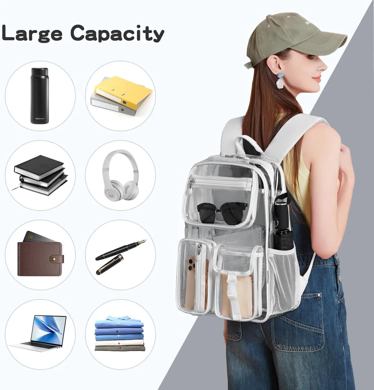 Cusangel Clear Backpack for Stadium Events,16 inch TPU See Through Backpack Sports approved,Heavy Duty Large Capacity, for 12  Age student,group activities,work,warehouse,fair and rodeo(Grey)