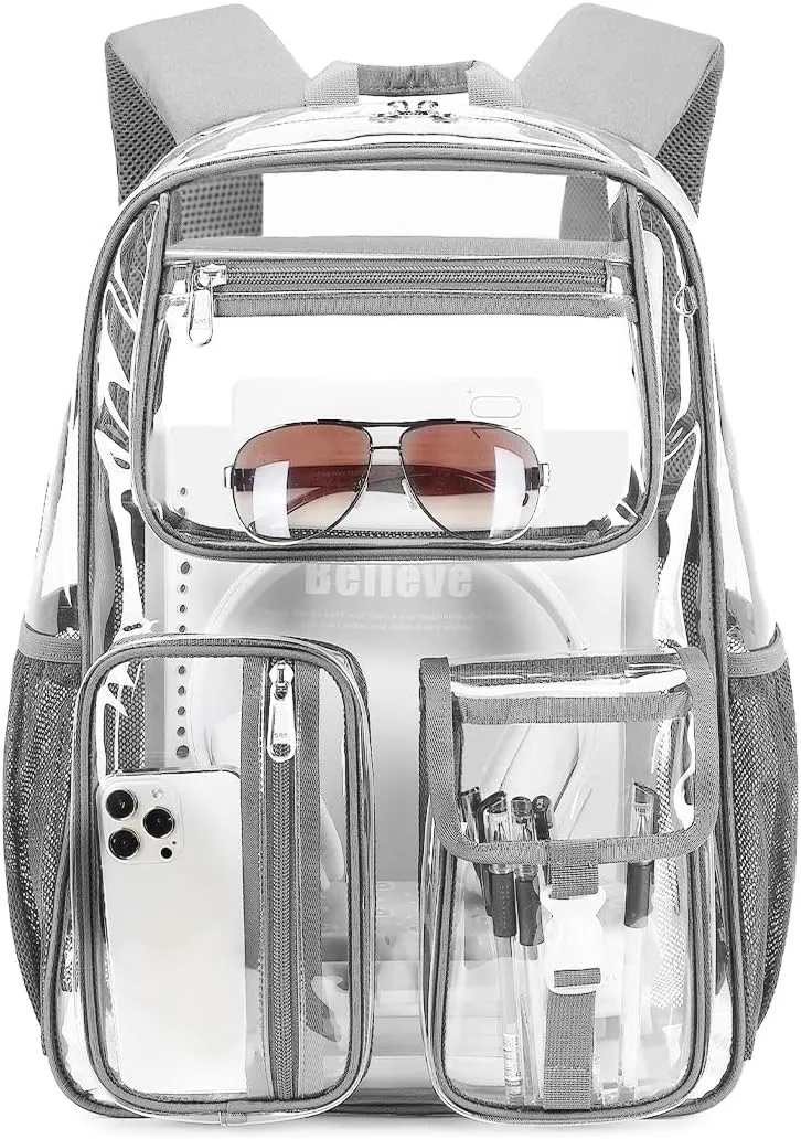 Cusangel Clear Backpack for Stadium Events,16 inch TPU See Through Backpack Sports approved,Heavy Duty Large Capacity, for 12  Age student,group activities,work,warehouse,fair and rodeo(Grey)