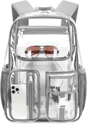 Cusangel Clear Backpack for Stadium Events,16 inch TPU See Through Backpack Sports approved,Heavy Duty Large Capacity, for 12  Age student,group activities,work,warehouse,fair and rodeo(Grey)