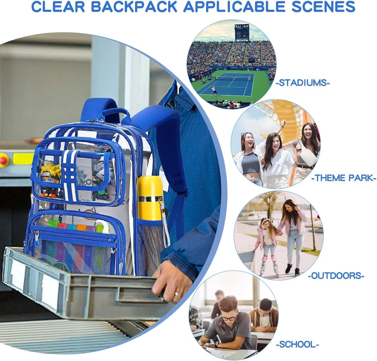 Cusangel Clear Large Backpack for School,16in Heavy Duty Clear BookBag,TPU Large Capacity See Through Backpack for Stadiums,Concerts,Plastic transparente para mujer for 8Age  Boys Girls(blue)