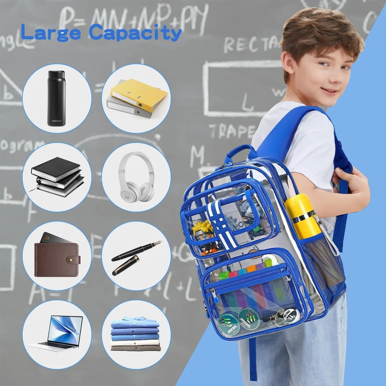 Cusangel Clear Large Backpack for School,16in Heavy Duty Clear BookBag,TPU Large Capacity See Through Backpack for Stadiums,Concerts,Plastic transparente para mujer for 8Age  Boys Girls(blue)