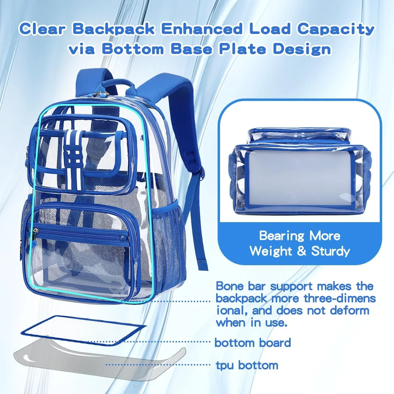 Cusangel Clear Large Backpack for School,16in Heavy Duty Clear BookBag,TPU Large Capacity See Through Backpack for Stadiums,Concerts,Plastic transparente para mujer for 8Age  Boys Girls(blue)