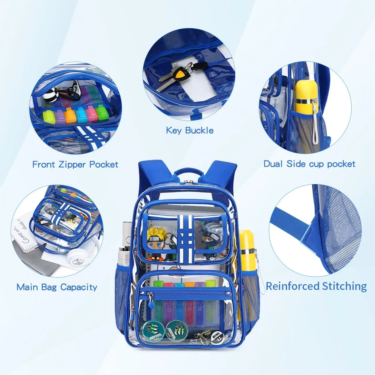Cusangel Clear Large Backpack for School,16in Heavy Duty Clear BookBag,TPU Large Capacity See Through Backpack for Stadiums,Concerts,Plastic transparente para mujer for 8Age  Boys Girls(blue)