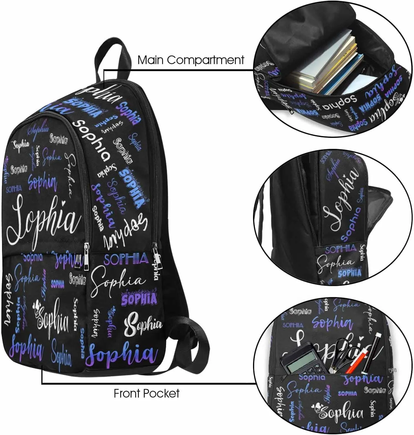 Custom Backpack with Name Purple Blue Gradient Text Black Personalized Name School Backpack for Boys Girls, Customized Student Bookbag for Travel, Work and School Birthday School Season Gift