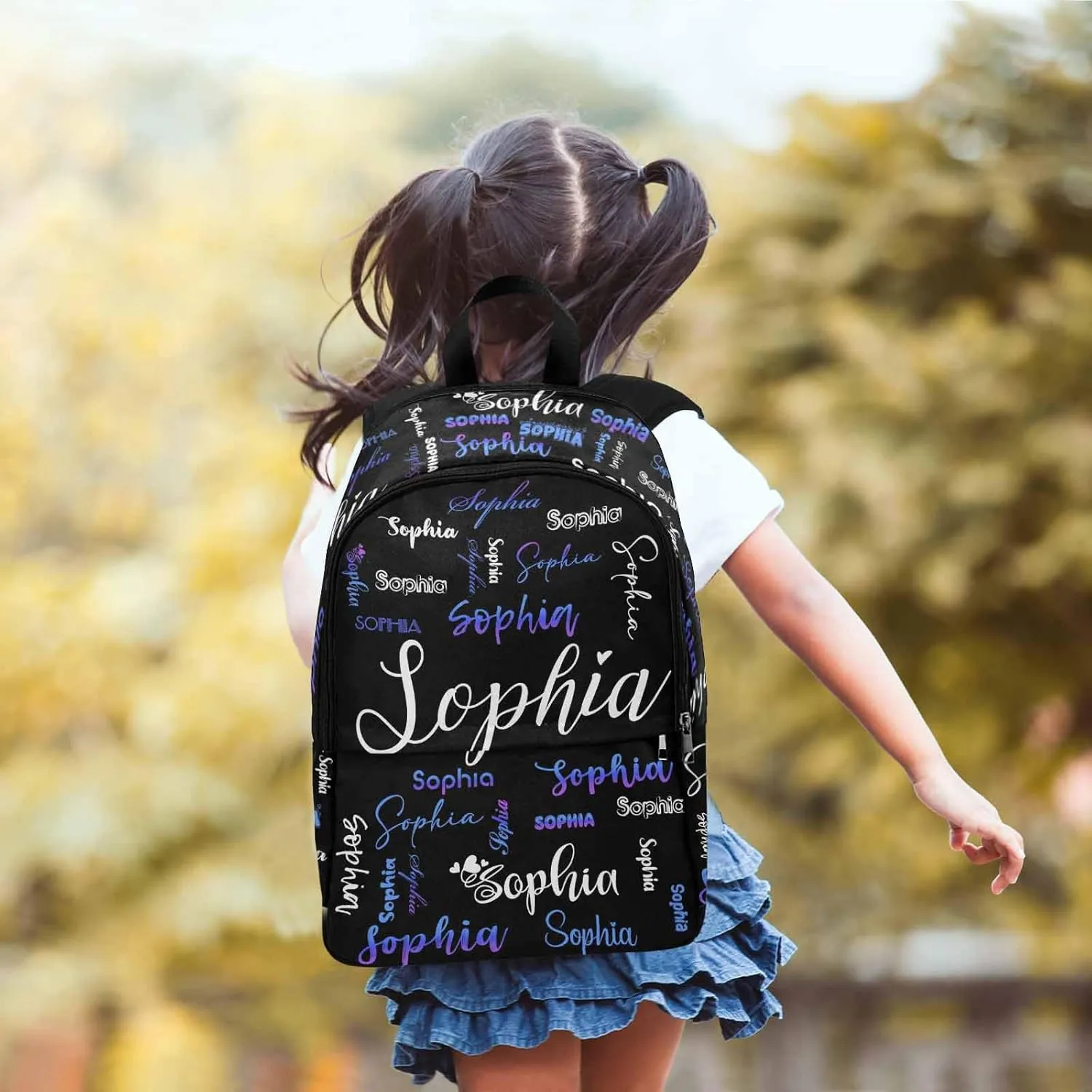 Custom Backpack with Name Purple Blue Gradient Text Black Personalized Name School Backpack for Boys Girls, Customized Student Bookbag for Travel, Work and School Birthday School Season Gift