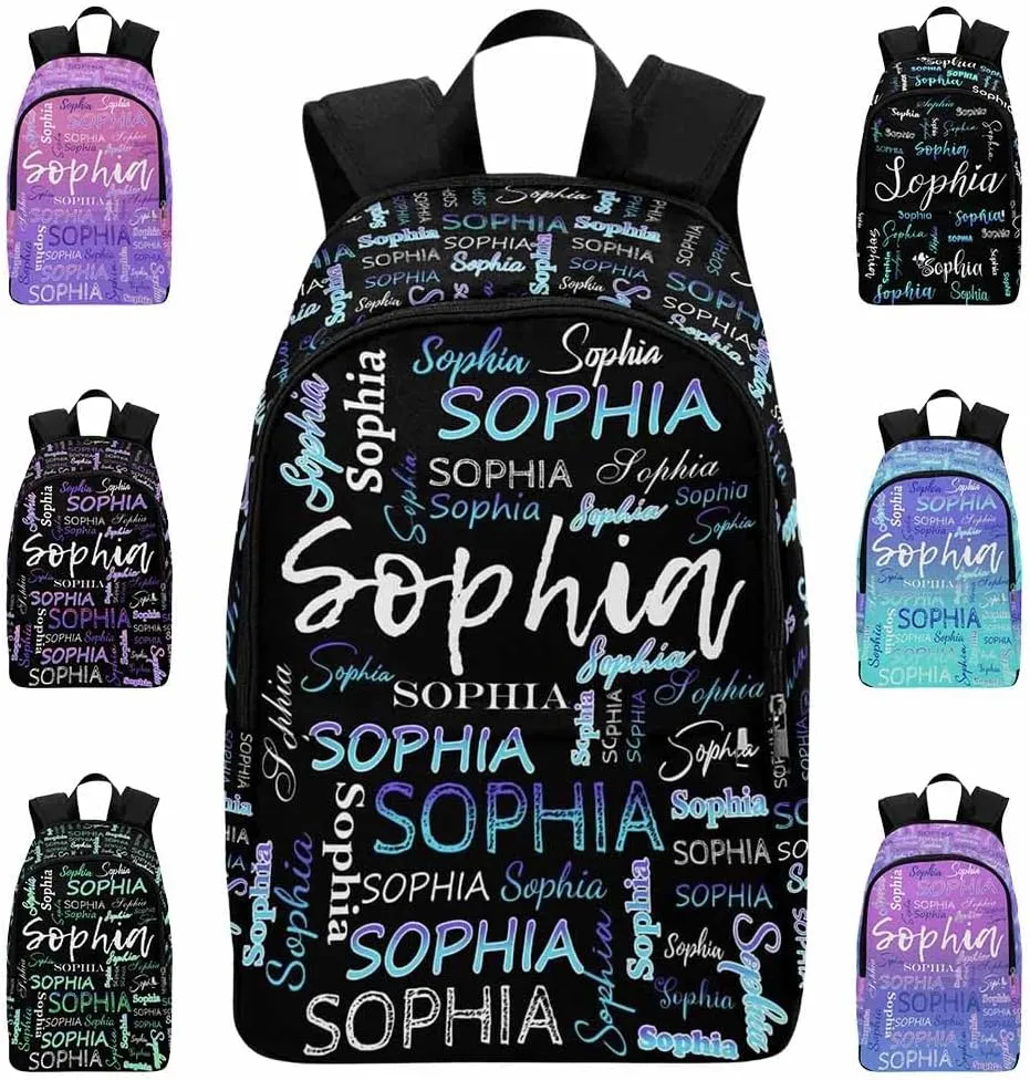 Custom Backpack with Name Purple Blue Gradient Text Black Personalized Name School Backpack for Boys Girls, Customized Student Bookbag for Travel, Work and School Birthday School Season Gift