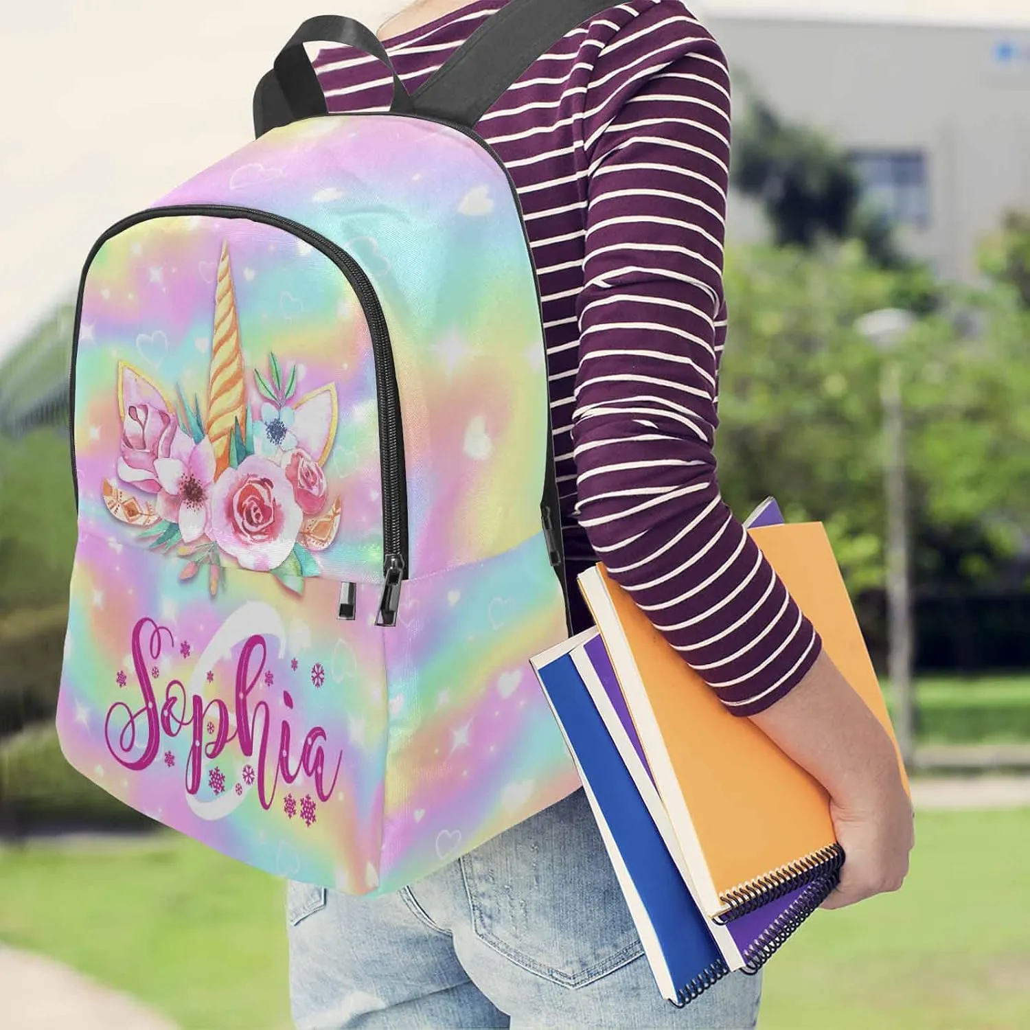 Custom Girls Backpack with Lunch Box Rainbow Pattern Customized Bookbag Lunch Bag Set 2 in 1 Backpack Set with Name Personalized Shoulder Bag Casual Daypack for Daughter Niece