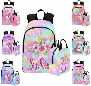 Custom Girls Backpack with Lunch Box Rainbow Pattern Customized Bookbag Lunch Bag Set 2 in 1 Backpack Set with Name Personalized Shoulder Bag Casual Daypack for Daughter Niece