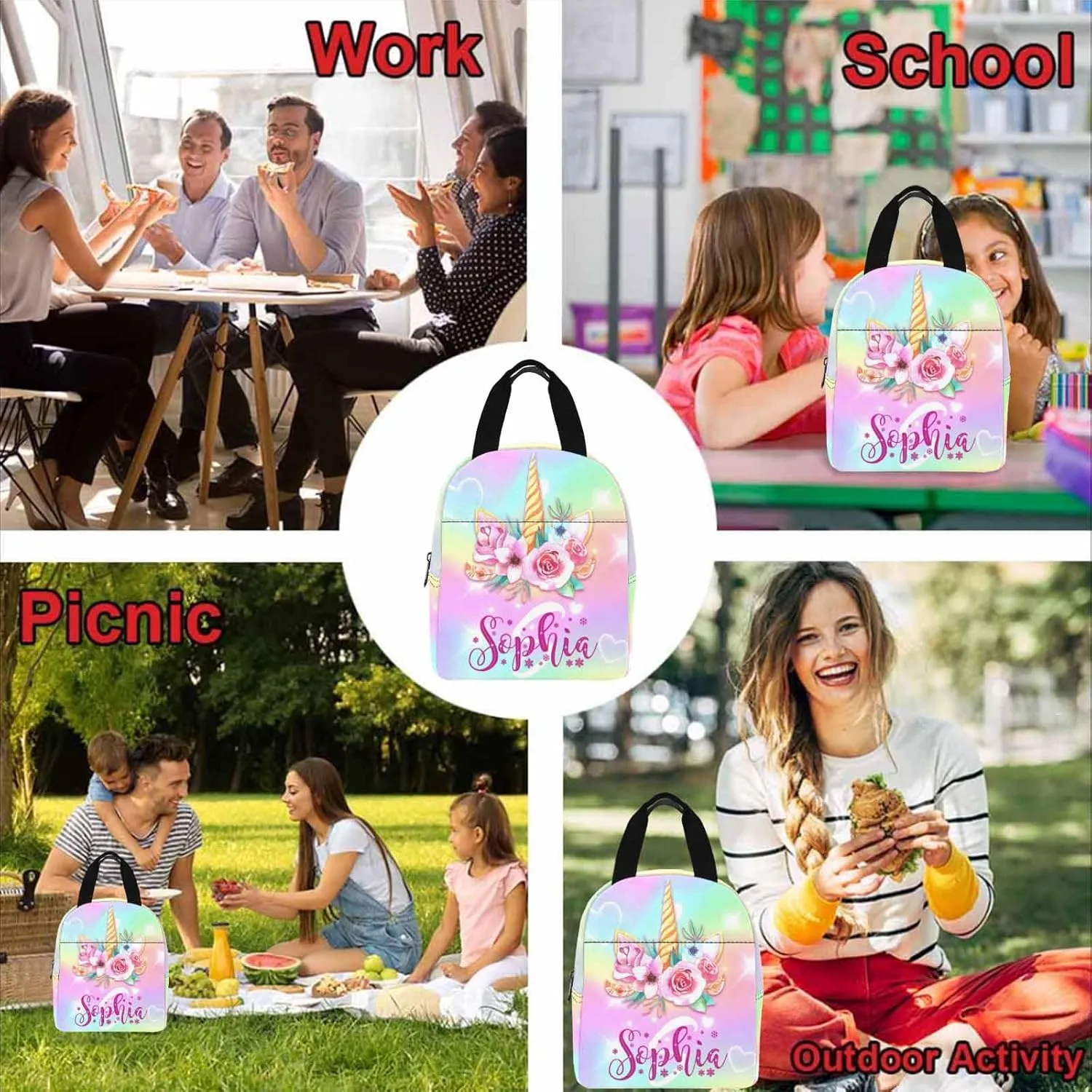Custom Girls Backpack with Lunch Box Rainbow Pattern Customized Bookbag Lunch Bag Set 2 in 1 Backpack Set with Name Personalized Shoulder Bag Casual Daypack for Daughter Niece