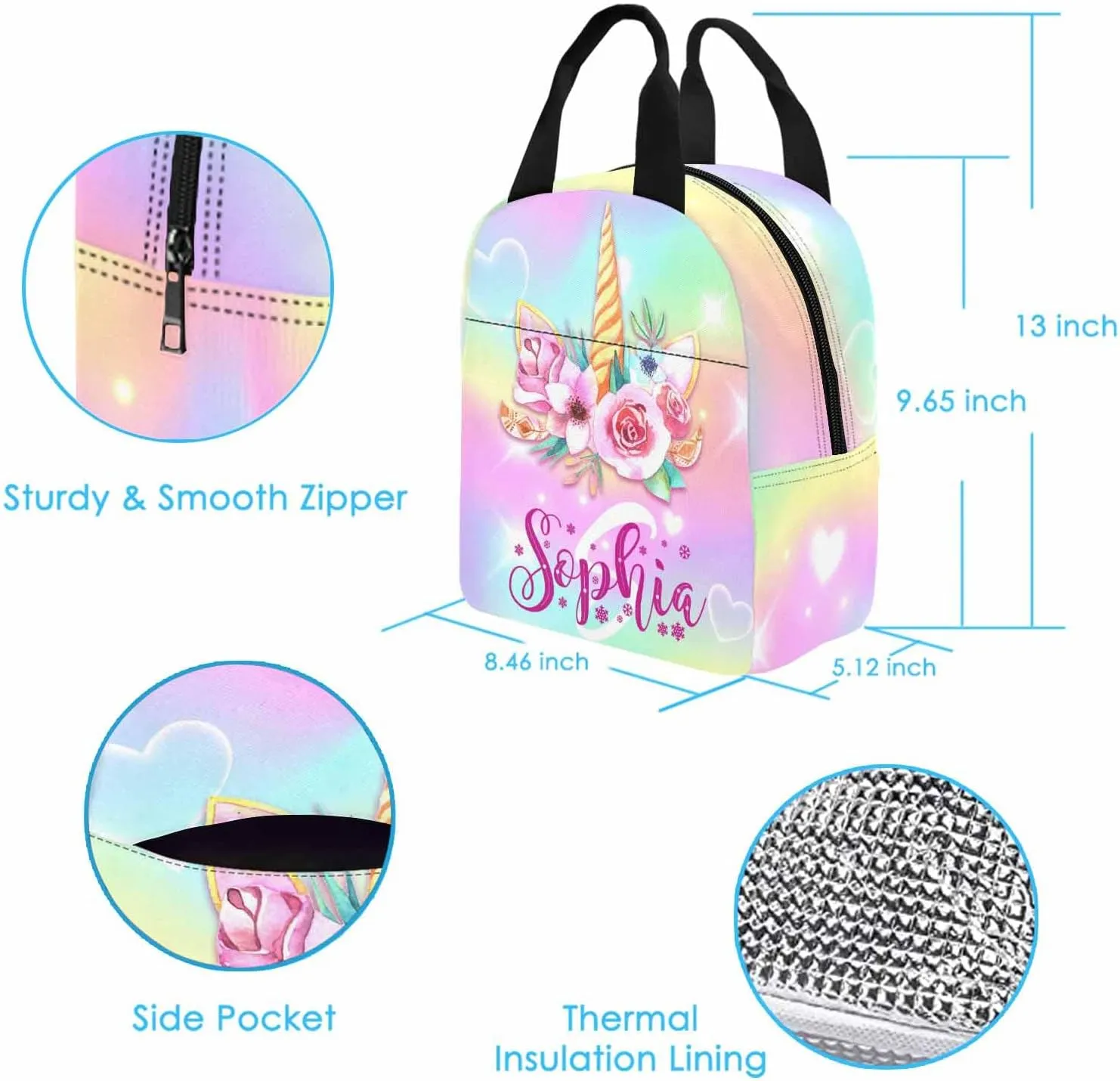 Custom Girls Backpack with Lunch Box Rainbow Pattern Customized Bookbag Lunch Bag Set 2 in 1 Backpack Set with Name Personalized Shoulder Bag Casual Daypack for Daughter Niece
