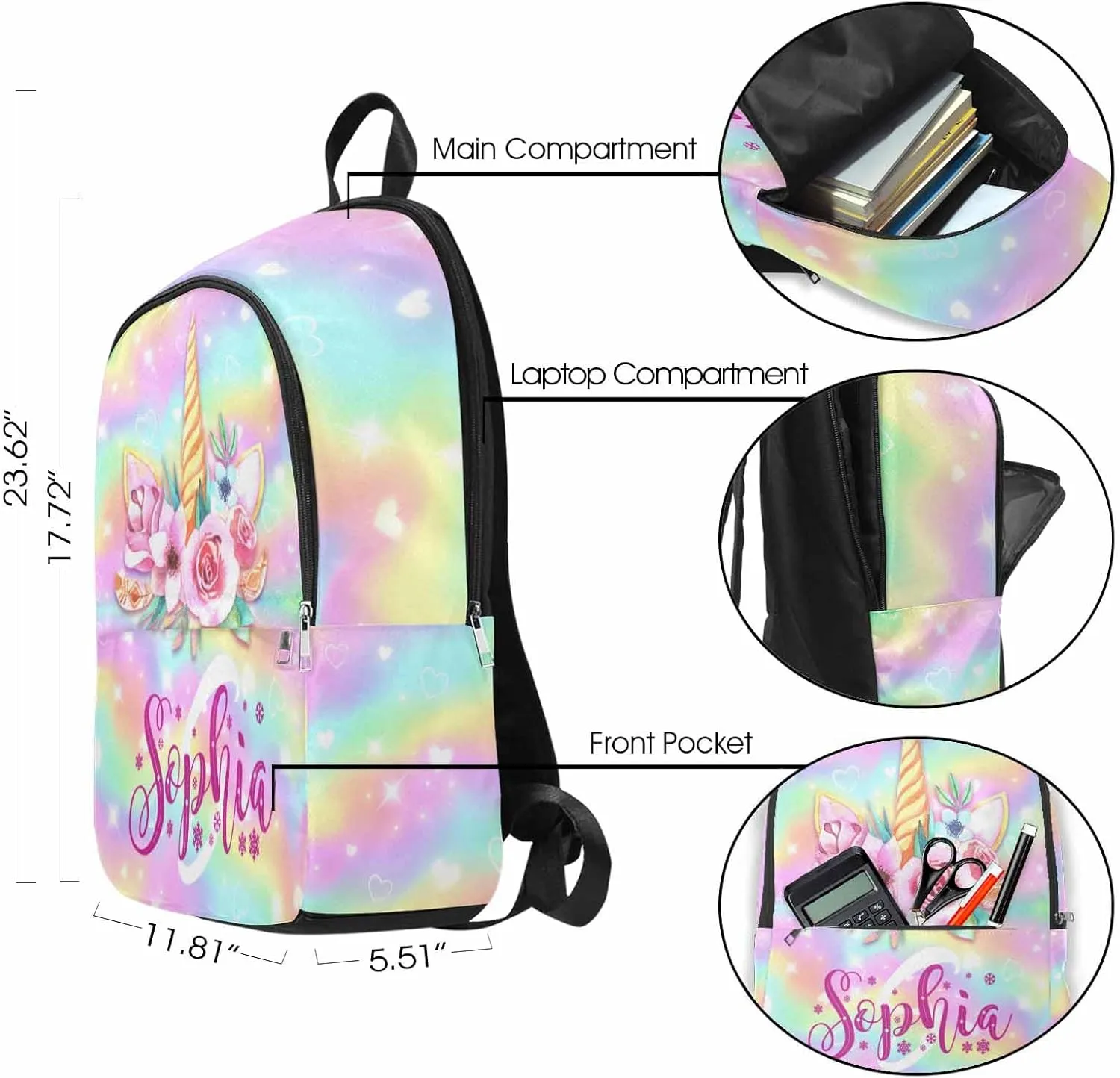 Custom Girls Backpack with Lunch Box Rainbow Pattern Customized Bookbag Lunch Bag Set 2 in 1 Backpack Set with Name Personalized Shoulder Bag Casual Daypack for Daughter Niece