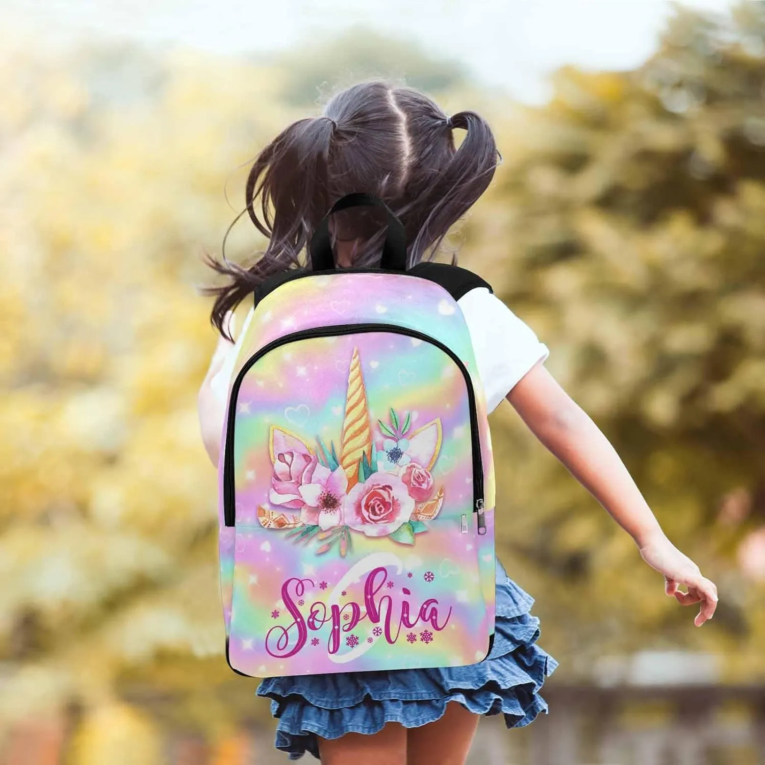 Custom Girls Backpack with Lunch Box Rainbow Pattern Customized Bookbag Lunch Bag Set 2 in 1 Backpack Set with Name Personalized Shoulder Bag Casual Daypack for Daughter Niece