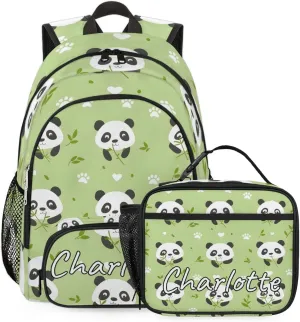 Custom Kawaii Panda Backpack and Lunch Box Set Personalized Backpack with Name, Customized Asian Animals Lightweight Waterproof Travel Casual Daypacks