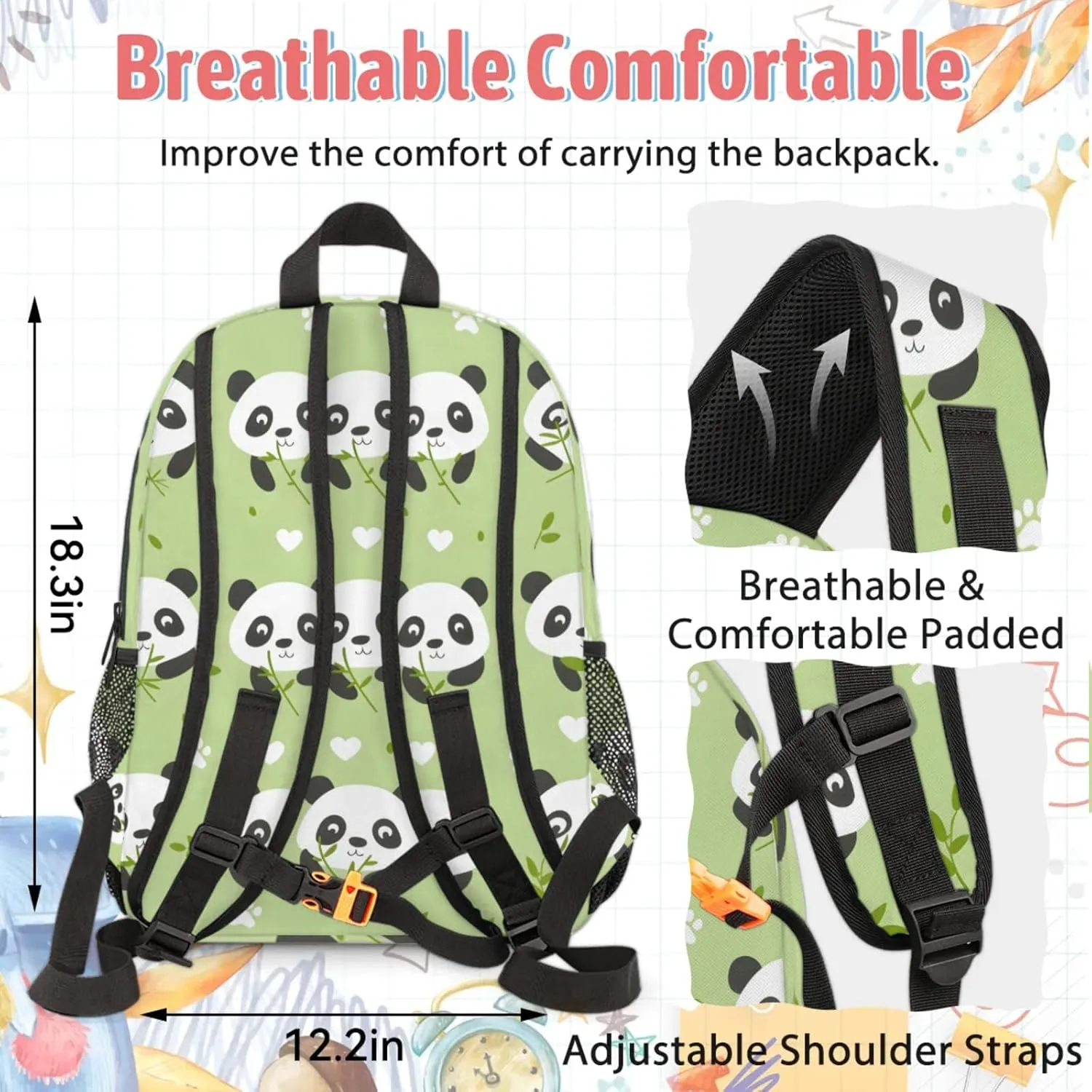 Custom Kawaii Panda Backpack and Lunch Box Set Personalized Backpack with Name, Customized Asian Animals Lightweight Waterproof Travel Casual Daypacks