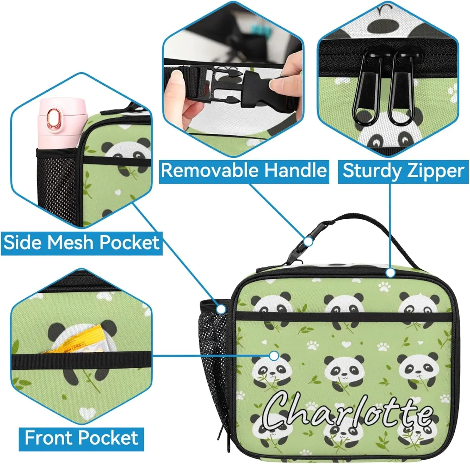 Custom Kawaii Panda Backpack and Lunch Box Set Personalized Backpack with Name, Customized Asian Animals Lightweight Waterproof Travel Casual Daypacks