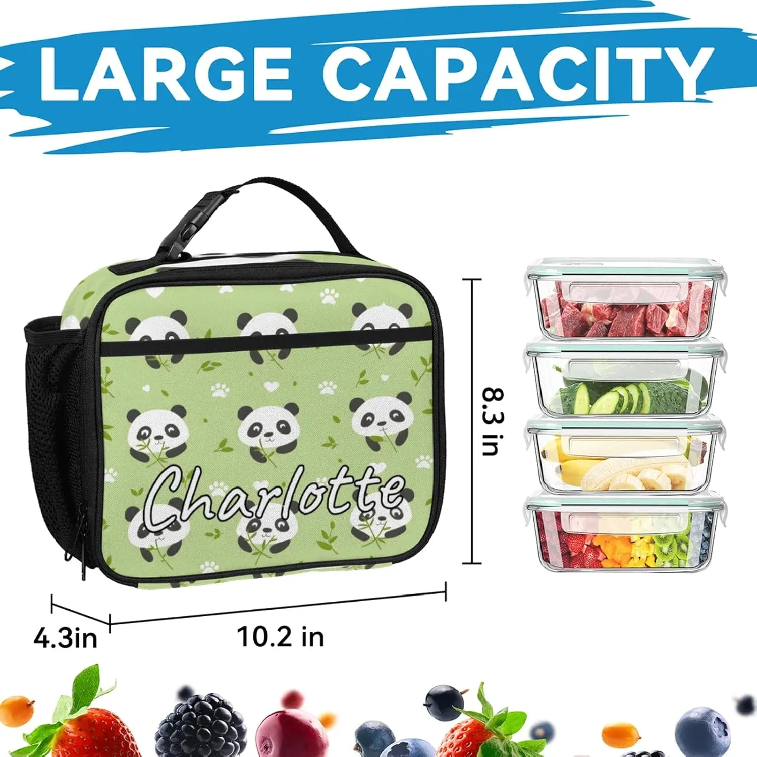 Custom Kawaii Panda Backpack and Lunch Box Set Personalized Backpack with Name, Customized Asian Animals Lightweight Waterproof Travel Casual Daypacks