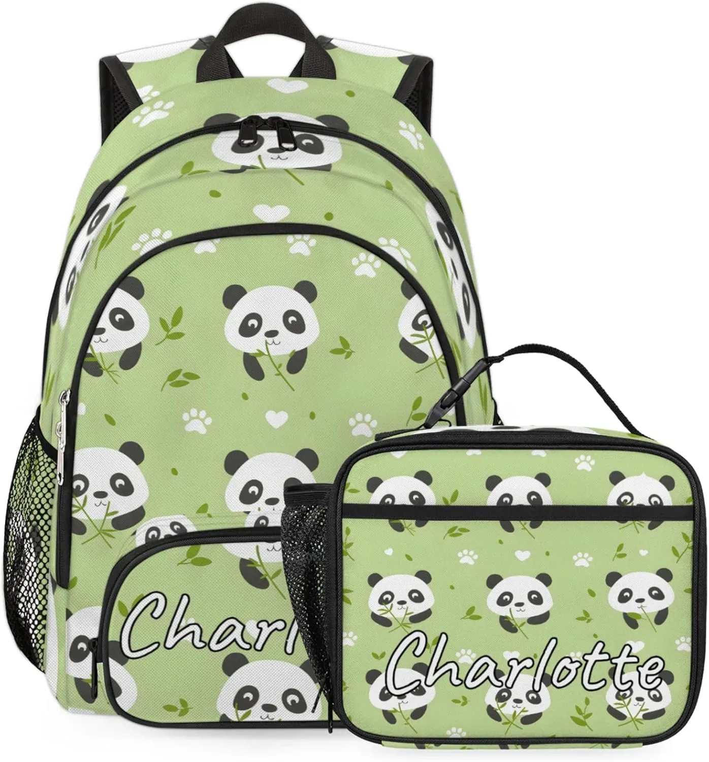 Custom Kawaii Panda Backpack and Lunch Box Set Personalized Backpack with Name, Customized Asian Animals Lightweight Waterproof Travel Casual Daypacks