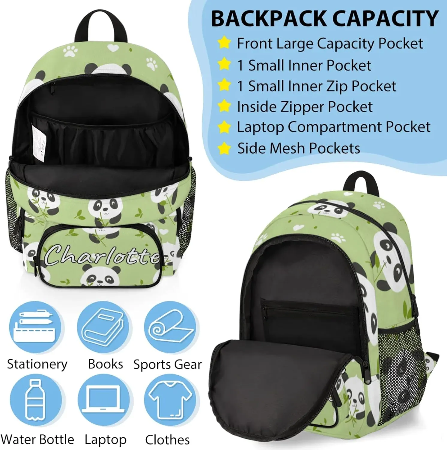 Custom Kawaii Panda Backpack and Lunch Box Set Personalized Backpack with Name, Customized Asian Animals Lightweight Waterproof Travel Casual Daypacks