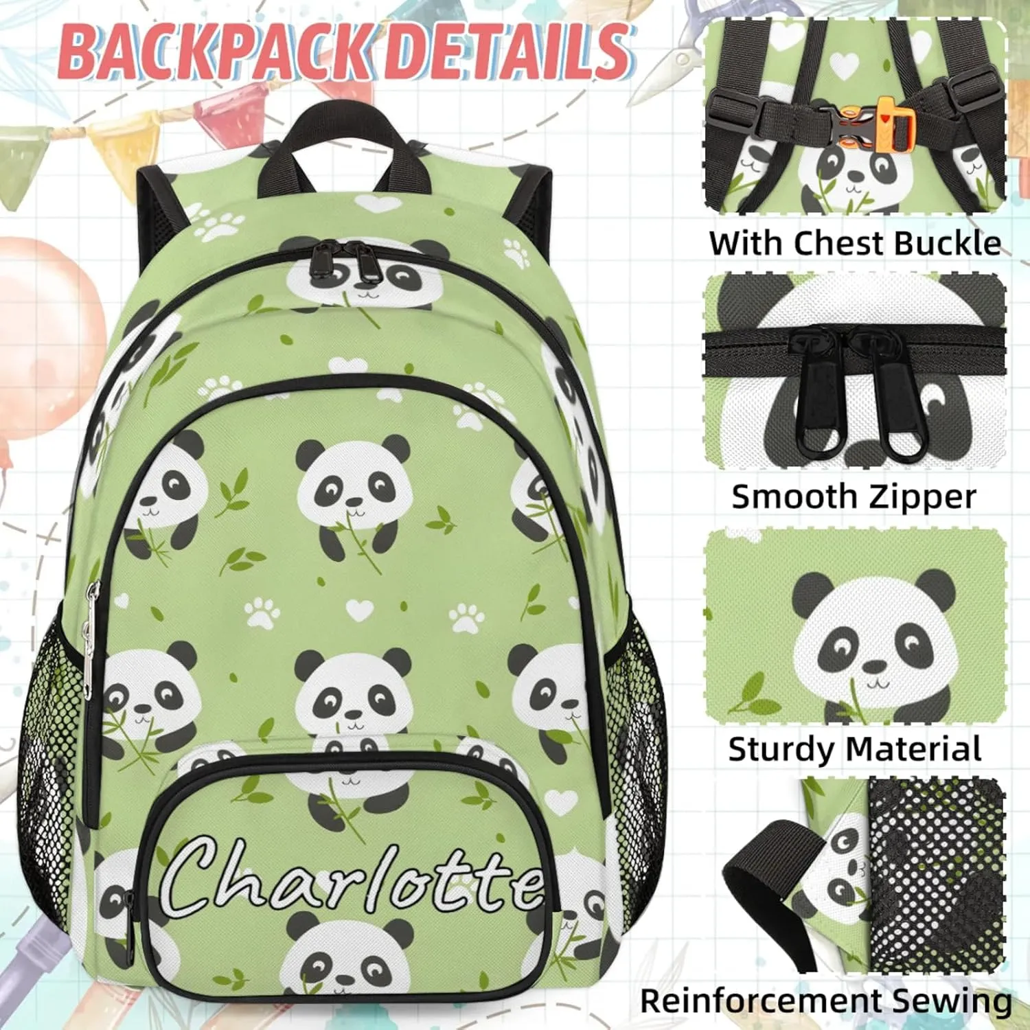 Custom Kawaii Panda Backpack and Lunch Box Set Personalized Backpack with Name, Customized Asian Animals Lightweight Waterproof Travel Casual Daypacks