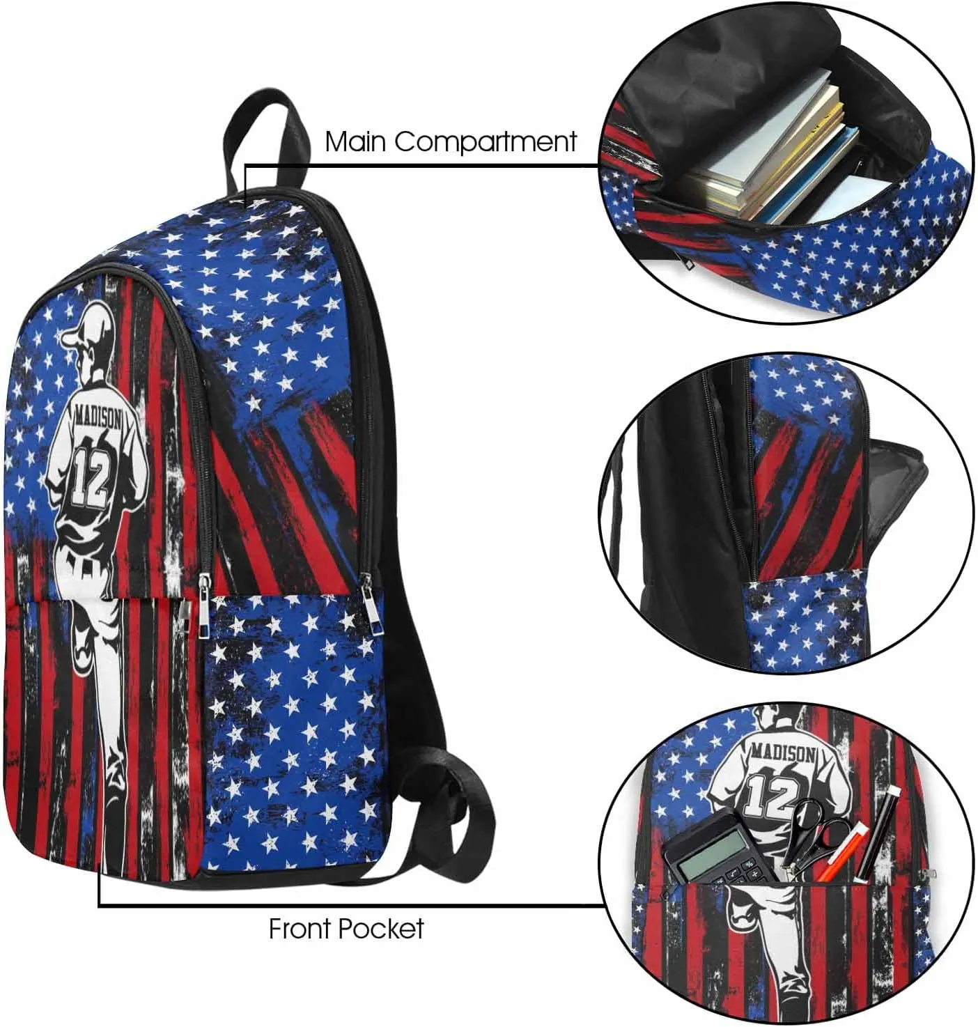 Custom Name Kid's Backpack Watercolor US Flag Pattern Baseball Player Personalized School Bookbag with Your Own Name Customization Casual Bookbags for Student Girls Boys on Birthday School Season