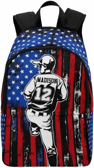 Custom Name Kid's Backpack Watercolor US Flag Pattern Baseball Player Personalized School Bookbag with Your Own Name Customization Casual Bookbags for Student Girls Boys on Birthday School Season