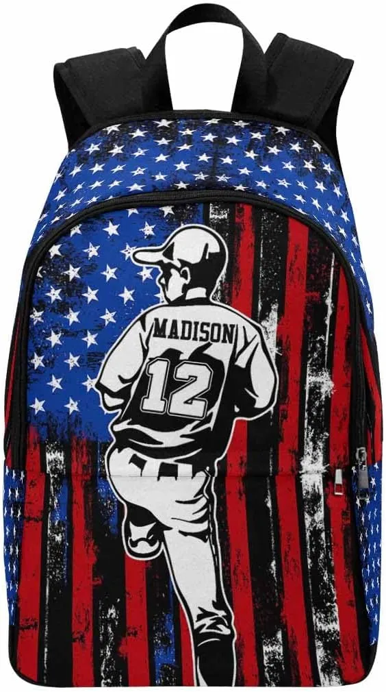 Custom Name Kid's Backpack Watercolor US Flag Pattern Baseball Player Personalized School Bookbag with Your Own Name Customization Casual Bookbags for Student Girls Boys on Birthday School Season