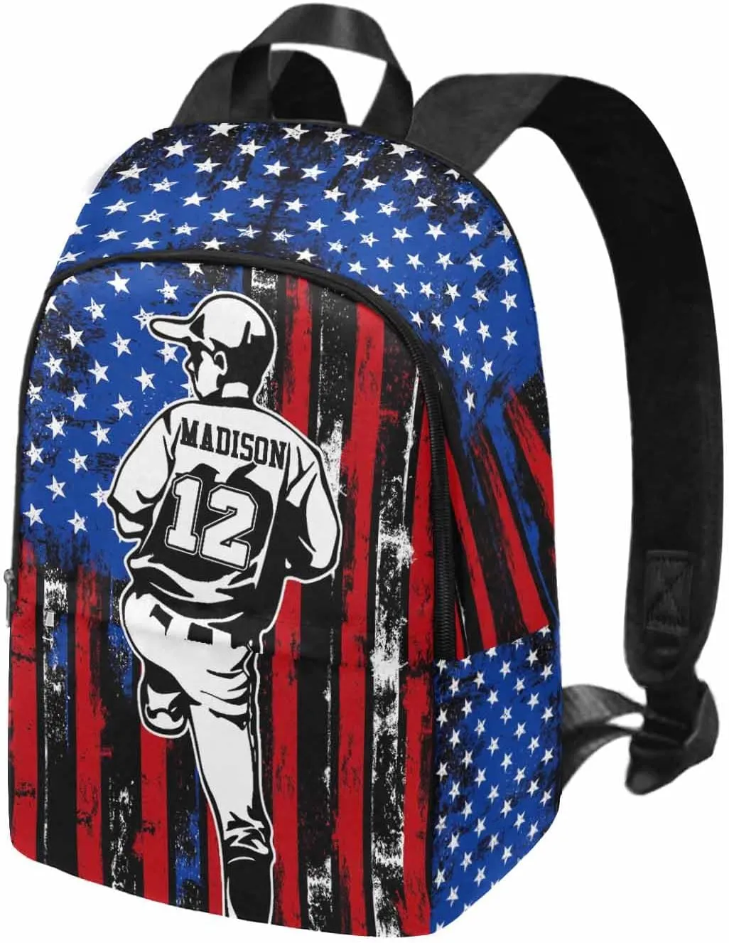 Custom Name Kid's Backpack Watercolor US Flag Pattern Baseball Player Personalized School Bookbag with Your Own Name Customization Casual Bookbags for Student Girls Boys on Birthday School Season